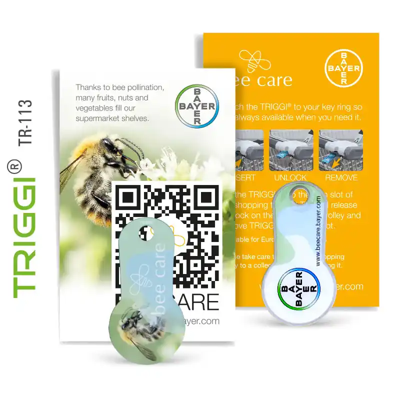 Einkaufswagenlöser Einkaufswagenchip mit Ihrem Logo oder Motiv, Einkaufswagenchips Einkaufswagenauslöser mit TRIGGI® Original TR-113 bee care BAYER - Werbemittel