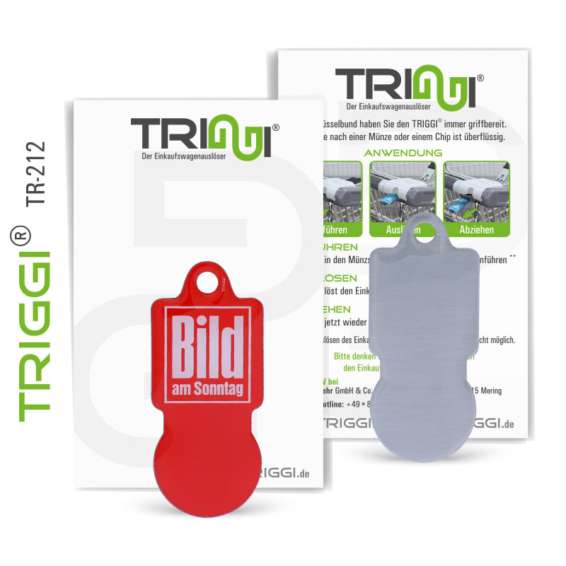 Einkaufswagenlöser Einkaufswagenchip mit Ihrem Logo oder Motiv, Einkaufswagenchips Einkaufswagenauslöser mit TRIGGI® Original TR-212 Bild am Sonntag - Werbemittel