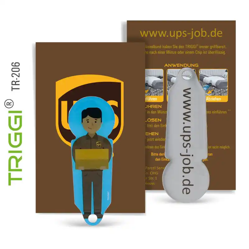 Einkaufswagenlöser Einkaufswagenchip mit Ihrem Logo oder Motiv, Einkaufswagenchips Einkaufswagenauslöser TRIGGI® Original TR-206 - UPS Job - Werbemittel