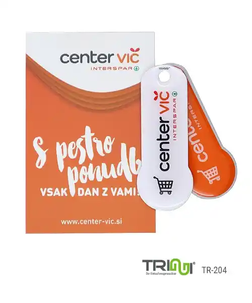 Shopping cart release Shopping cart token with your logo or motif, shopping cart tokens Shopping trolley release TRIGGI® TR-204 centervic Interspar with custom carrier card