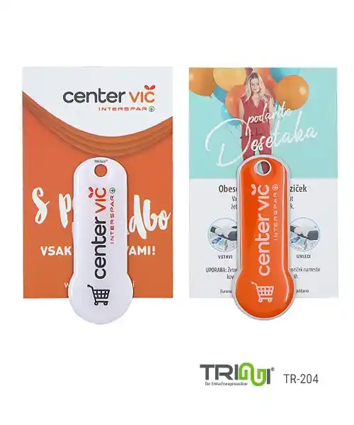 Shopping cart release Shopping cart token with your logo or motif, shopping cart tokens Shopping trolley release TRIGGI® TR-204 centervic Interspar with custom carrier card