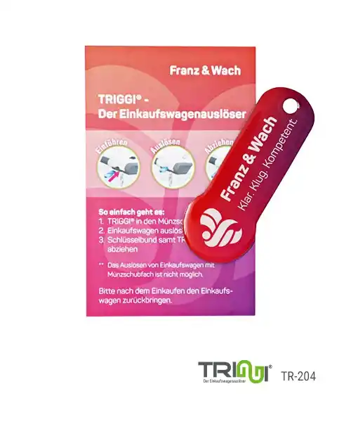 Shopping cart release Shopping cart token with your logo or motif, shopping cart tokens Shopping trolley release TRIGGI® TR-204 Franz & Wach with carrier card