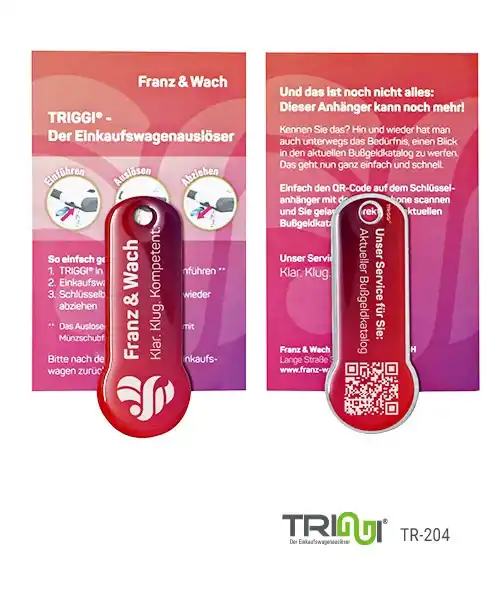 Shopping cart release Shopping cart token with your logo or motif, shopping cart tokens Shopping trolley release TRIGGI® TR-204 Franz & Wach with carrier card