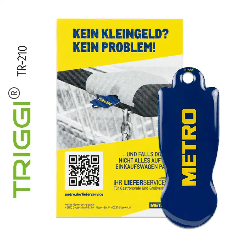 Einkaufswagenlöser Einkaufswagenchip mit Ihrem Logo oder Motiv, Einkaufswagenchips Einkaufswagenauslöser TRIGGI® Original TR-210 METRO - Werbemittel mit Trägerkarte