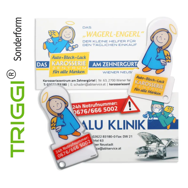 TRIGGI® der Einkaufswagenlöser TR Sonderform "Alu Klinik Engel" mit Karte für Ihre Werbung