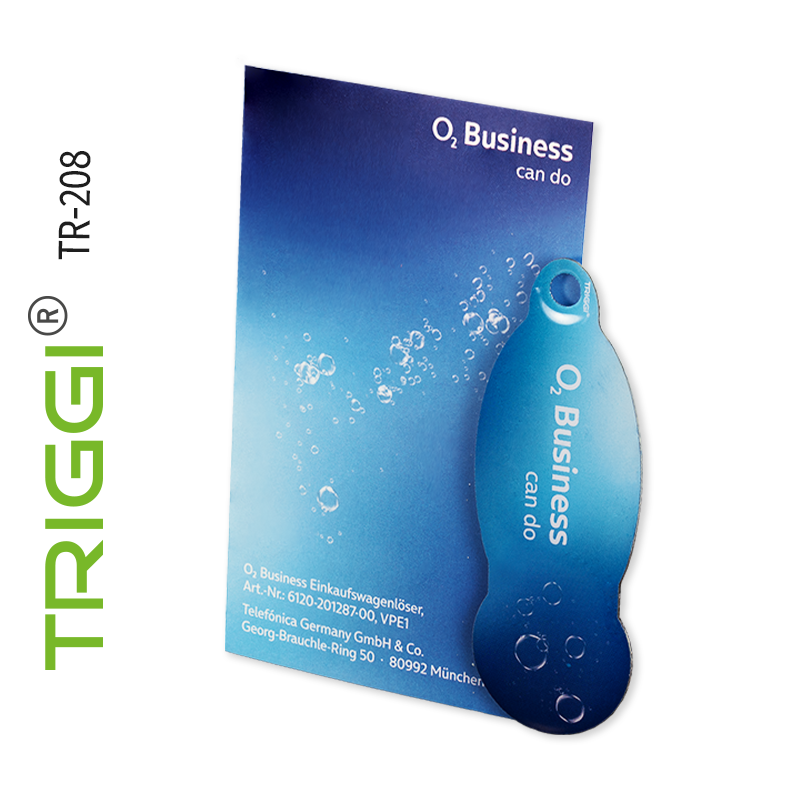 Einkaufswagenlöser kaufen Einkaufswagenchip abziehbar Metall - Triggi TR-208 "O2 Business can do" mit Karte für Ihre Werbekampagne