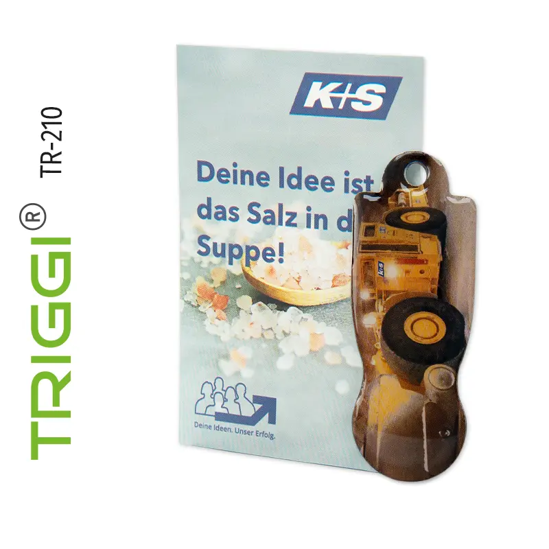Einkaufswagenlöser kaufen Einkaufswagenchip abziehbar Metall - Triggi TR-210 "K+S Deine Idee ist das Salz in der Suppe" mit Trägerkarte für Ihre Werbung