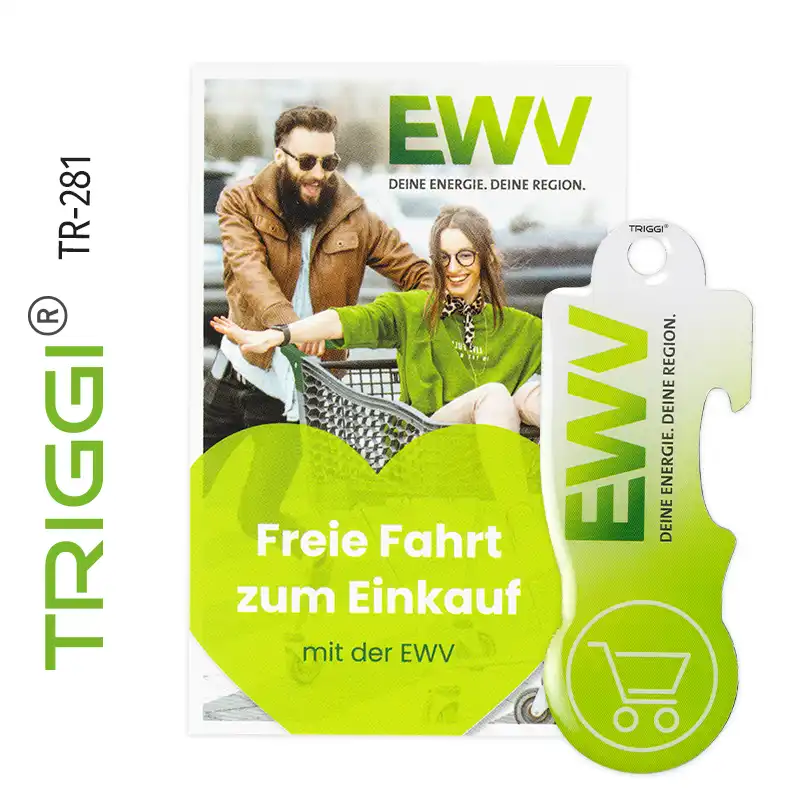 Einkaufswagenlöser kaufen Einkaufswagenchip abziehbar Metall - Triggi TR-281 "EWV Frei Fahrt zum Einkauf Stolberg"